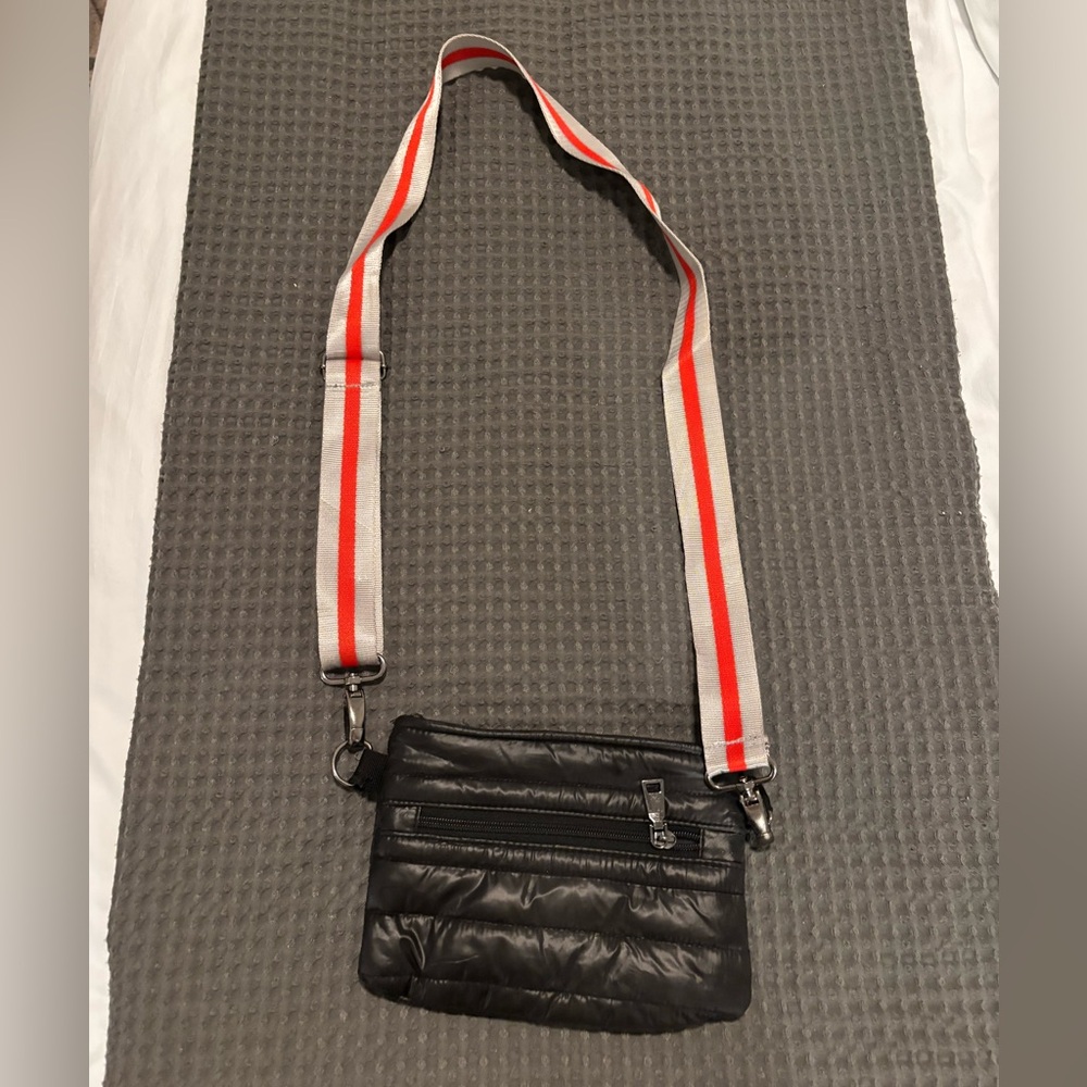 THINK ROYLN Black Crossbody Bag with Red and White Strap
